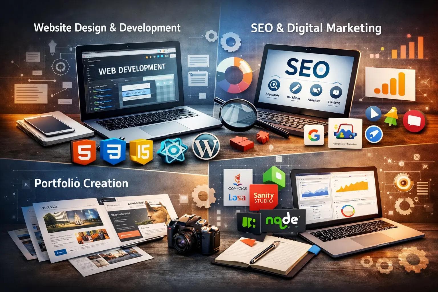 Website design and development, web application, SEO digital marketing and portfolio creation using HTML, CSS, JavaScript, React, Next.js, WordPress, Sanity Studio and Google Analytics
